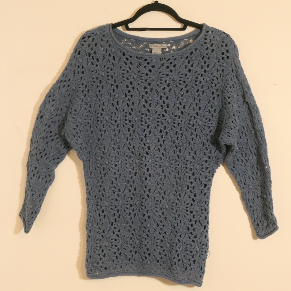 Olivia Sky Women Sweater S Blue Open Knit Crochet Cottagecore Coastal Grandma